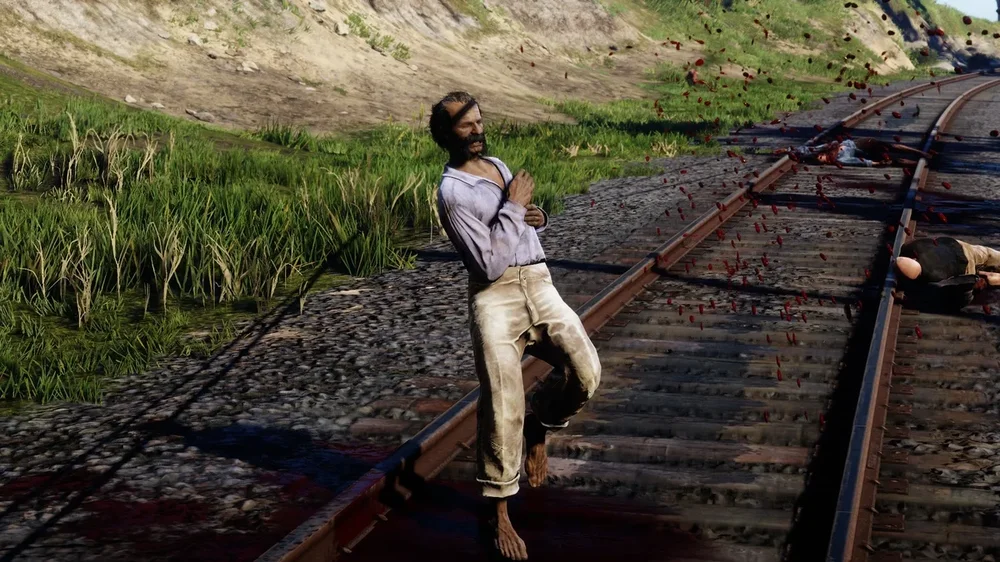 Could contain: outdoor, clothing, footwear, track, person, plant, grass, railroad, train, ground, bed, mountain, rail